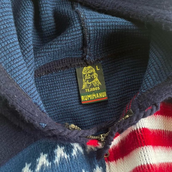 Tejidos Ruminahui Ecuadorian Navy Blue Wool USA American Flag Hoodie Jacket - Picture 2 of 6
